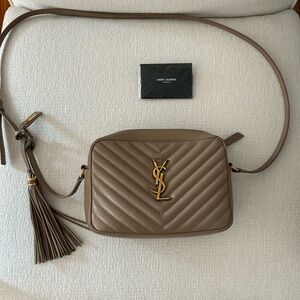 Authentic YSL Calfskin Matelasse Monogram Lou Camera Bag Dark Beige